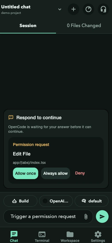 Pending file permission request in OpenCode Mobile, dark theme