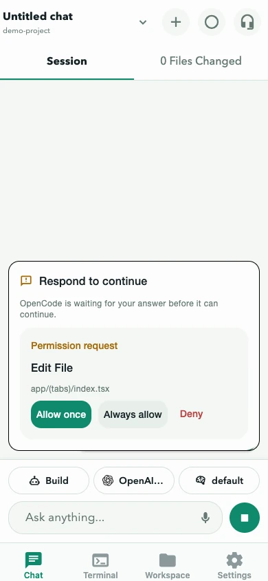 Pending file permission request in OpenCode Mobile, light theme