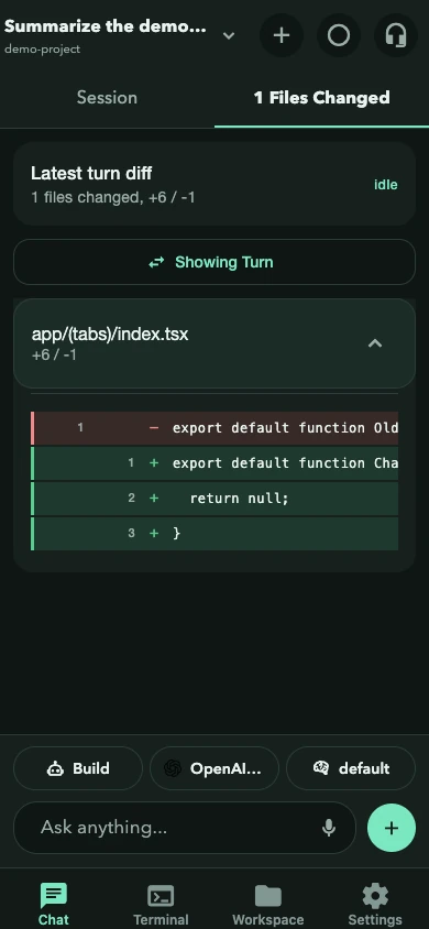 Expanded file diff in OpenCode Mobile, dark theme