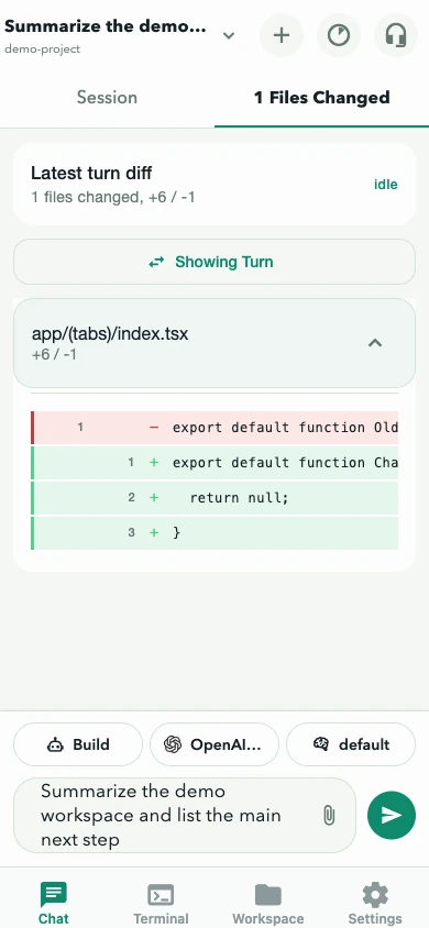 Expanded file diff in OpenCode Mobile, light theme