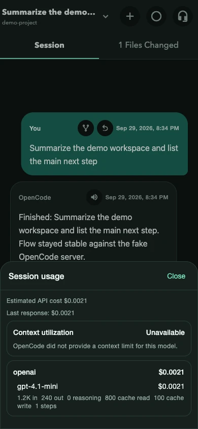 Session usage and token activity in OpenCode Mobile, dark theme