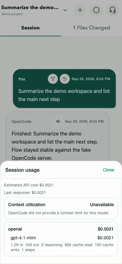 Session usage and token activity in OpenCode Mobile, light theme