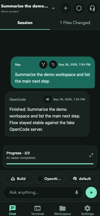 Completed task in OpenCode Mobile, dark theme