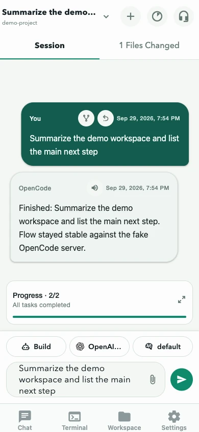 Completed task in OpenCode Mobile, light theme