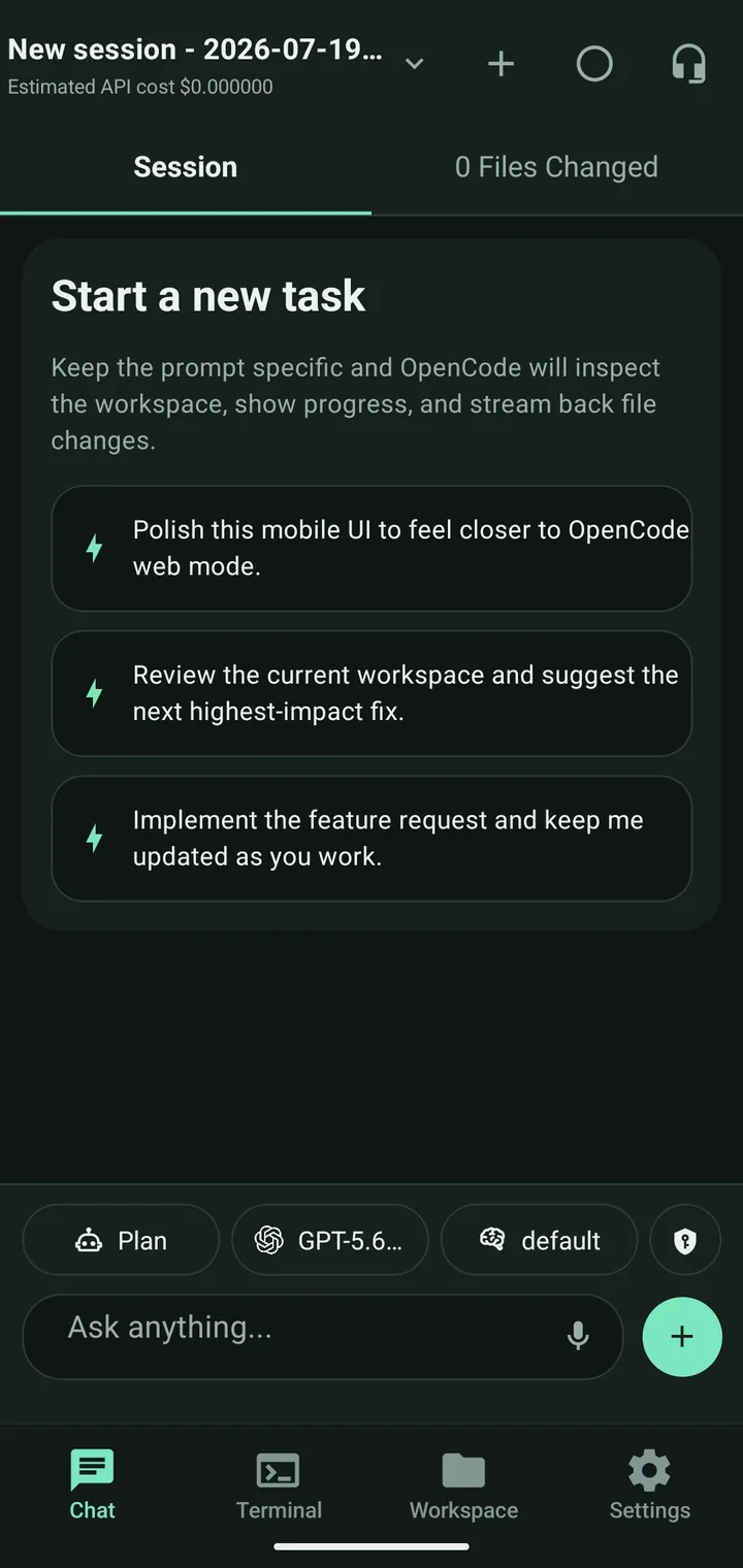 OpenCode Mobile Chat screen showing a new session, starter tasks, agent and model controls, message composer, and bottom navigation